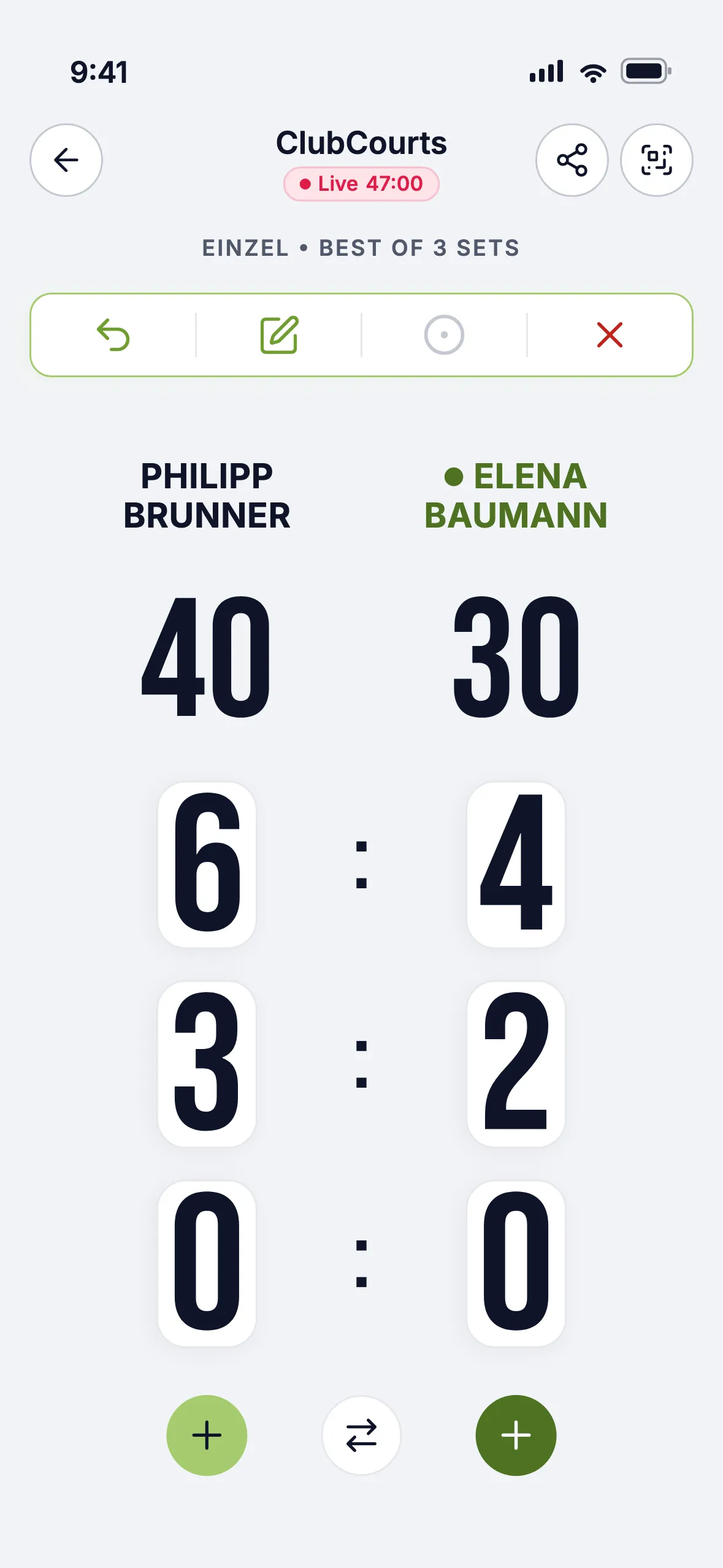 Live Scoring in der ClubCourts App: 40:30 im zweiten Satz