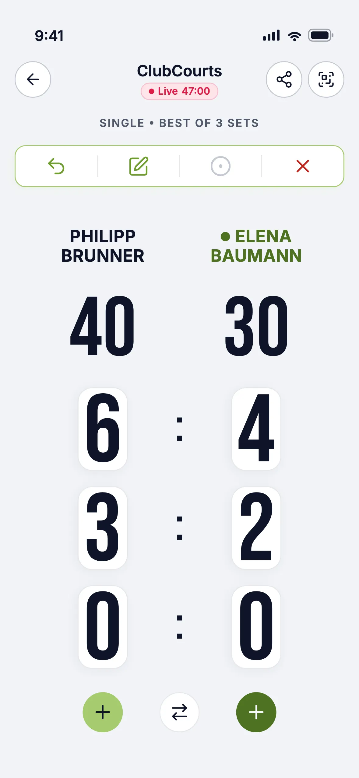 Live scoring in the ClubCourts app: 40:30 in the second set