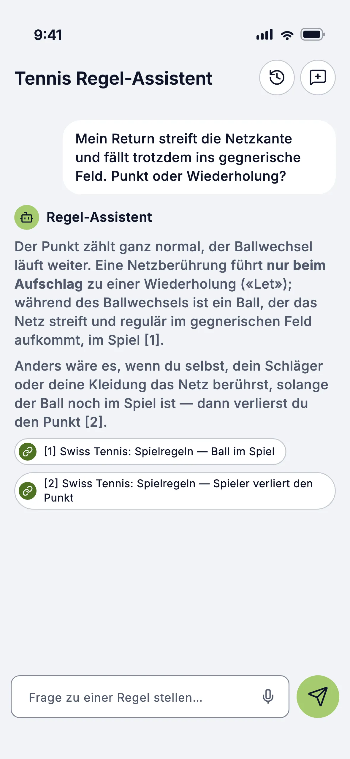 Regel-Assistent beantwortet eine Frage mit Quellenangaben