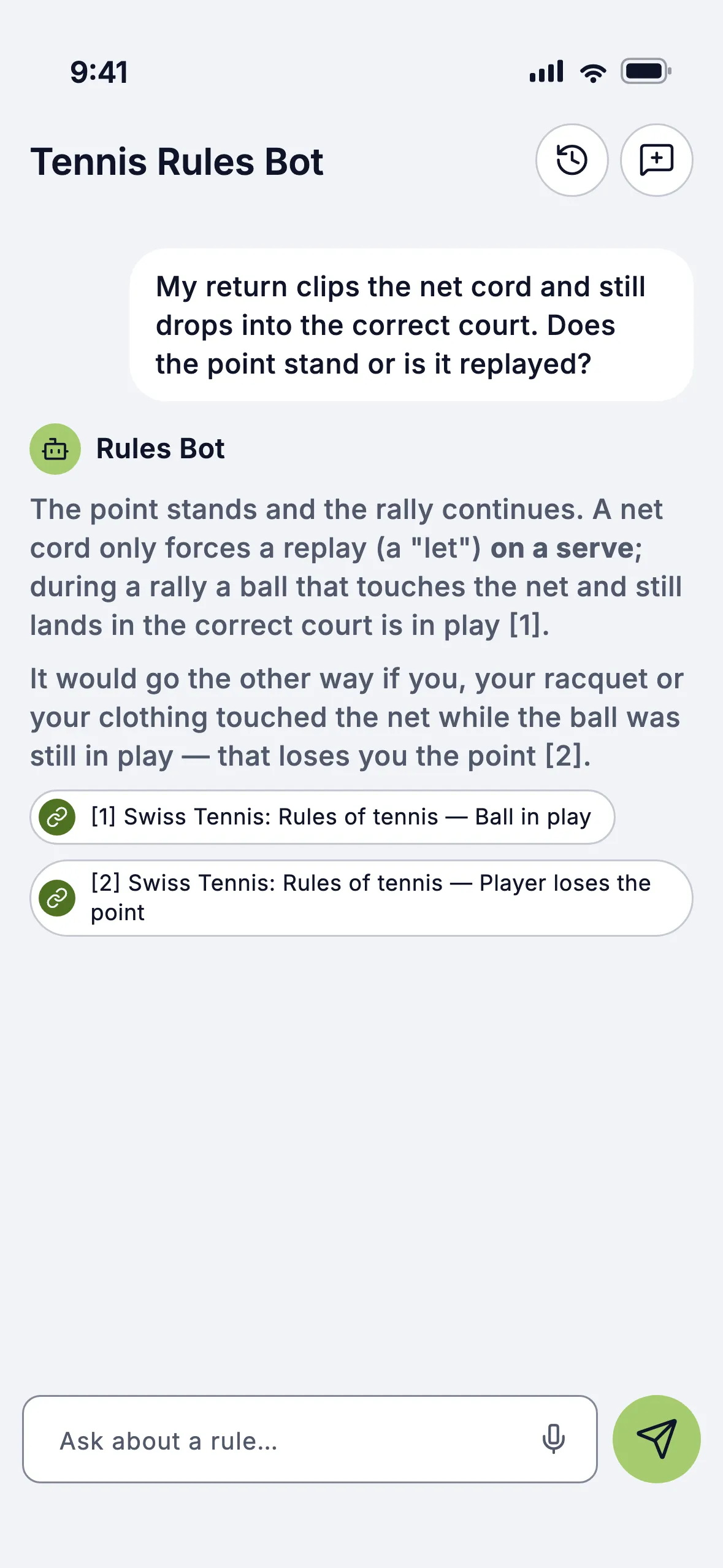 Rules Bot answering a question with linked sources